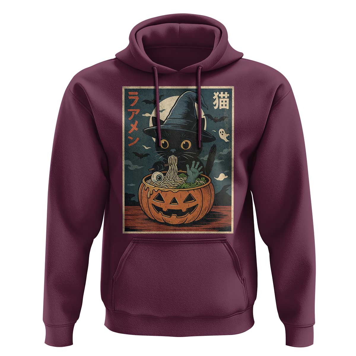 Funny Spooky Black Cat Eating Ramen Kawaii Japanese Halloween Hoodie - Wonder Print Shop