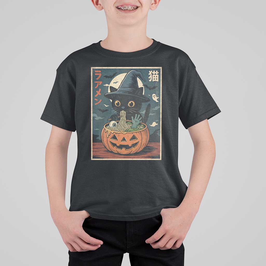 Funny Spooky Black Cat Eating Ramen Kawaii Japanese Halloween T Shirt For Kid - Wonder Print Shop