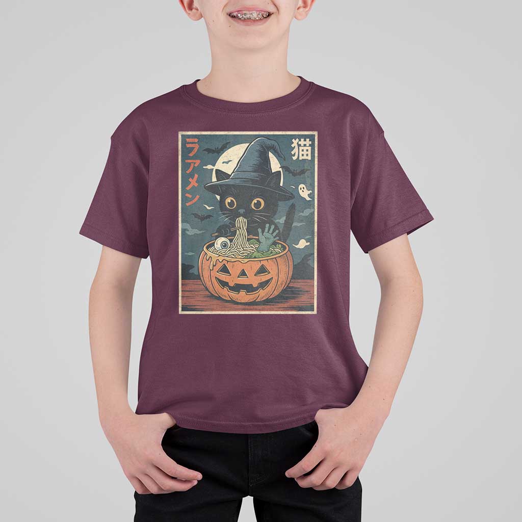 Funny Spooky Black Cat Eating Ramen Kawaii Japanese Halloween T Shirt For Kid - Wonder Print Shop