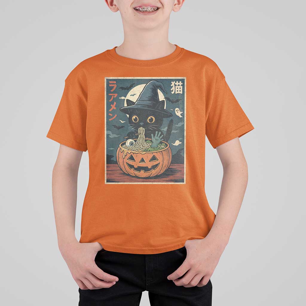 Funny Spooky Black Cat Eating Ramen Kawaii Japanese Halloween T Shirt For Kid - Wonder Print Shop