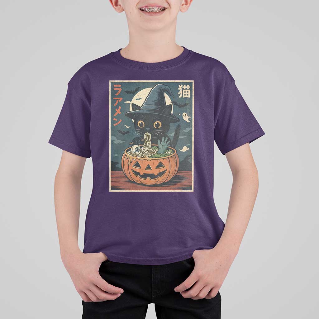 Funny Spooky Black Cat Eating Ramen Kawaii Japanese Halloween T Shirt For Kid - Wonder Print Shop