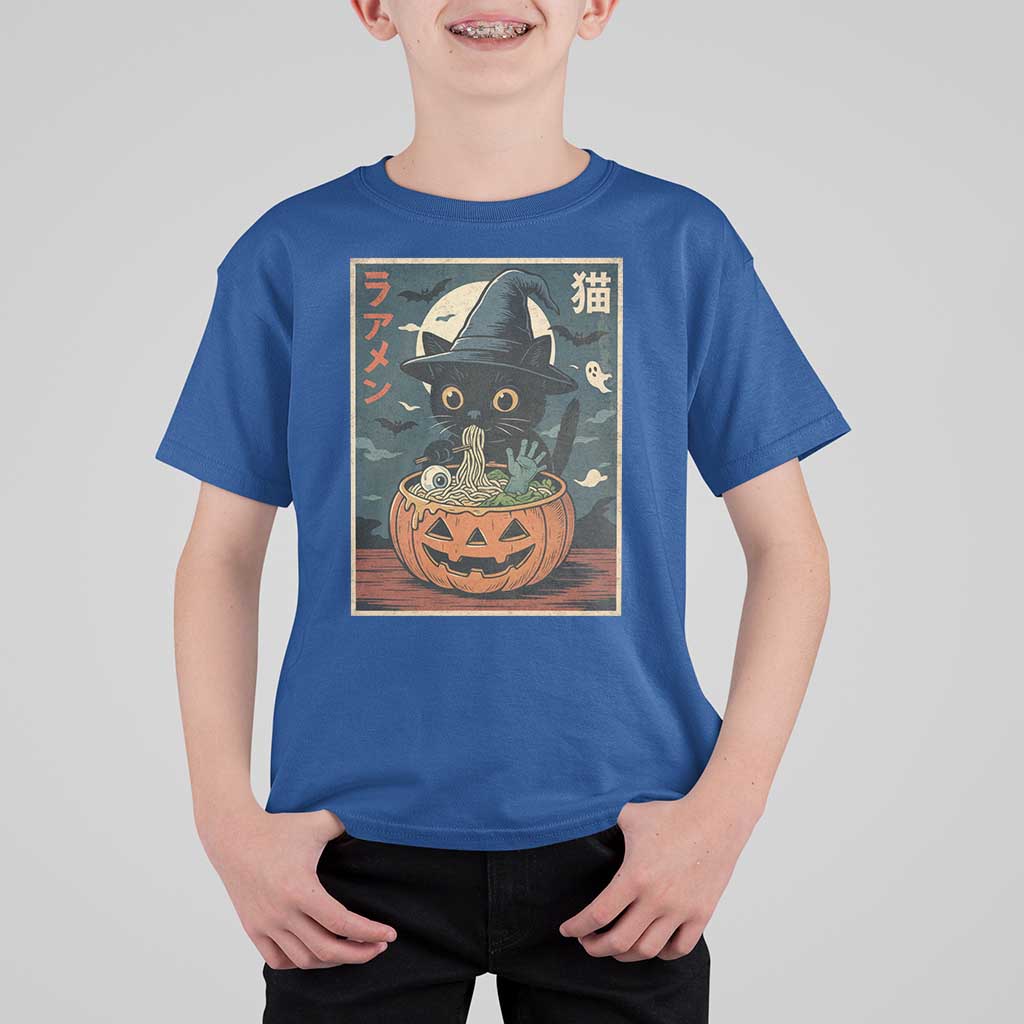 Funny Spooky Black Cat Eating Ramen Kawaii Japanese Halloween T Shirt For Kid - Wonder Print Shop
