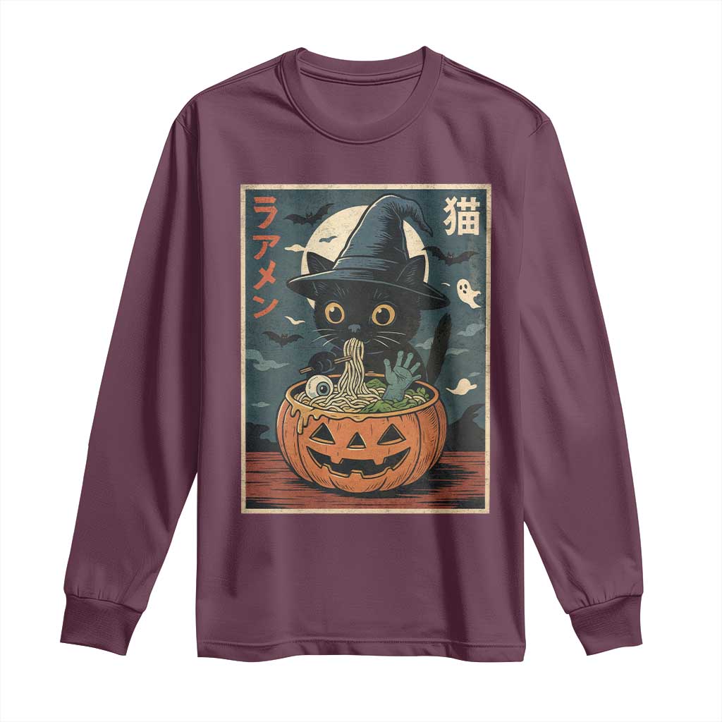 Funny Spooky Black Cat Eating Ramen Kawaii Japanese Halloween Long Sleeve Shirt - Wonder Print Shop