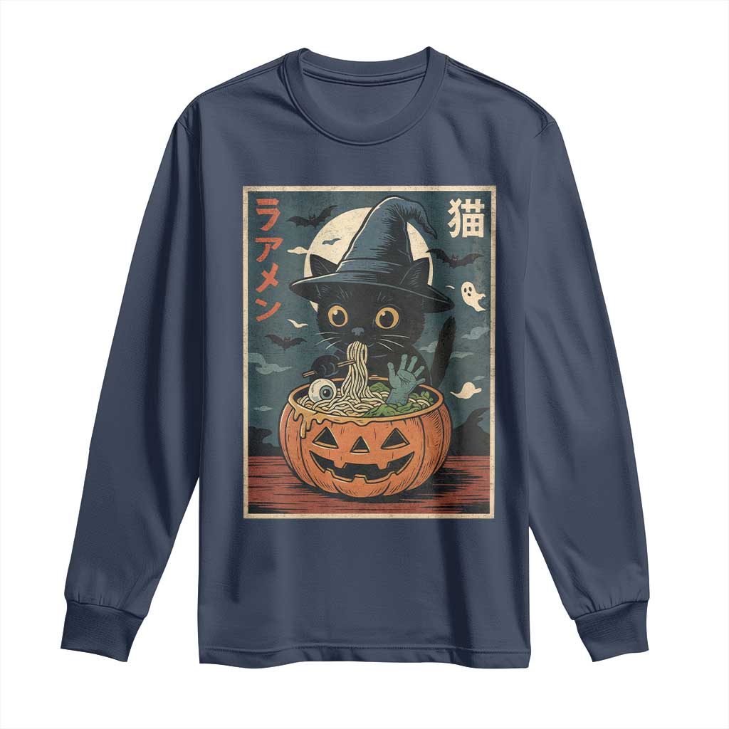 Funny Spooky Black Cat Eating Ramen Kawaii Japanese Halloween Long Sleeve Shirt - Wonder Print Shop
