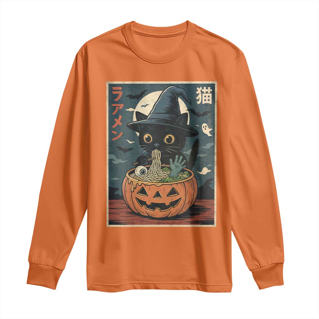 Funny Spooky Black Cat Eating Ramen Kawaii Japanese Halloween Long Sleeve Shirt - Wonder Print Shop