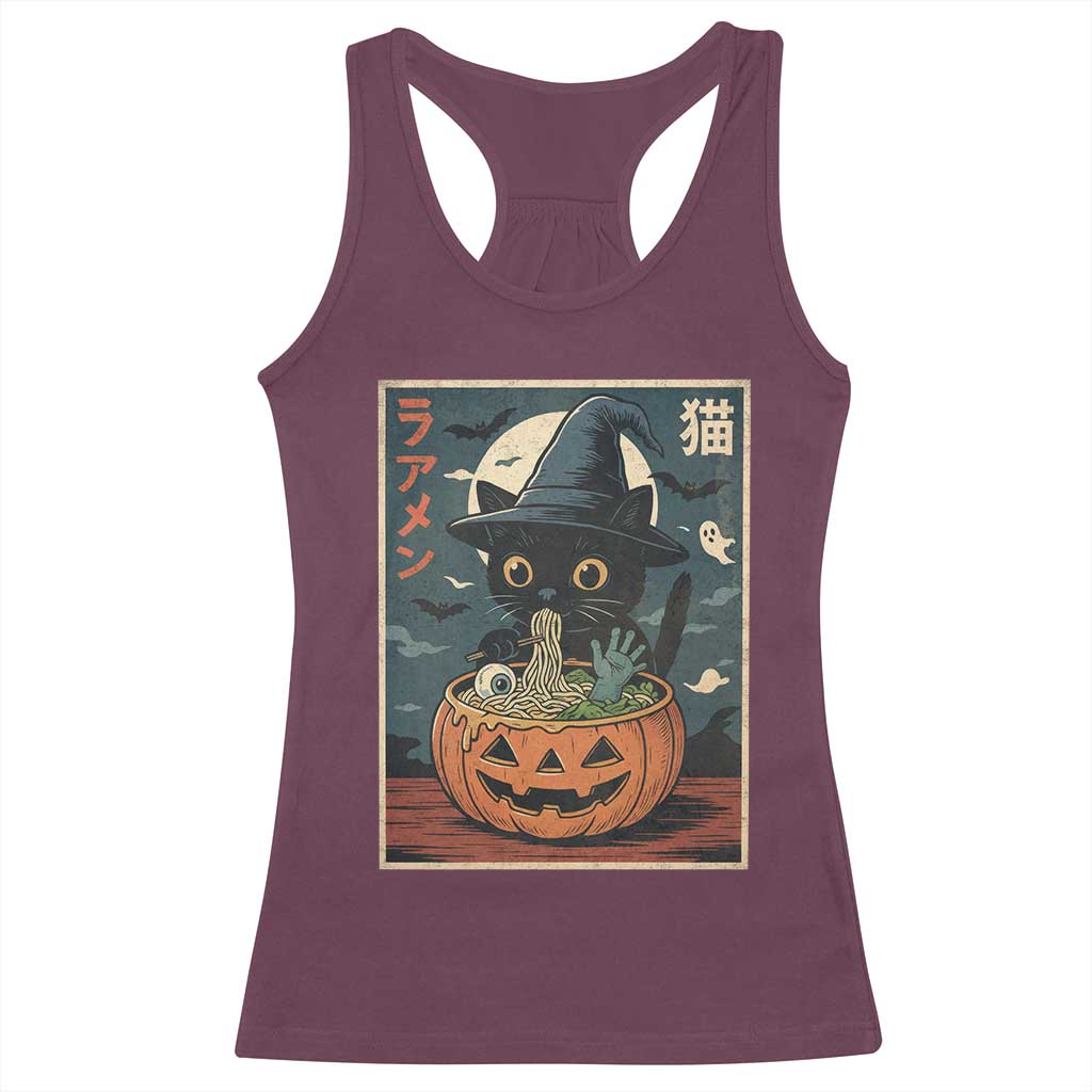 Funny Spooky Black Cat Eating Ramen Kawaii Japanese Halloween Racerback Tank Top - Wonder Print Shop