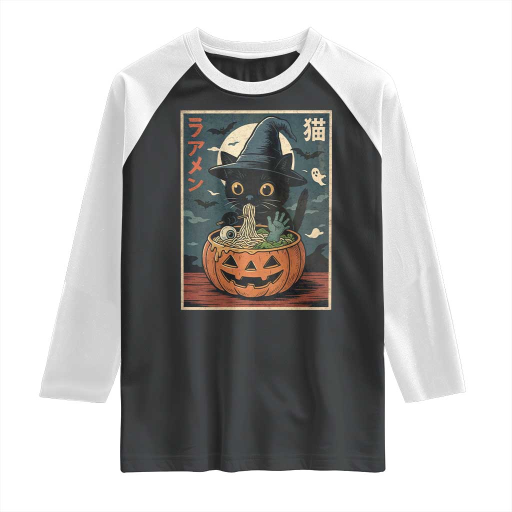 Funny Spooky Black Cat Eating Ramen Kawaii Japanese Halloween Raglan Shirt - Wonder Print Shop