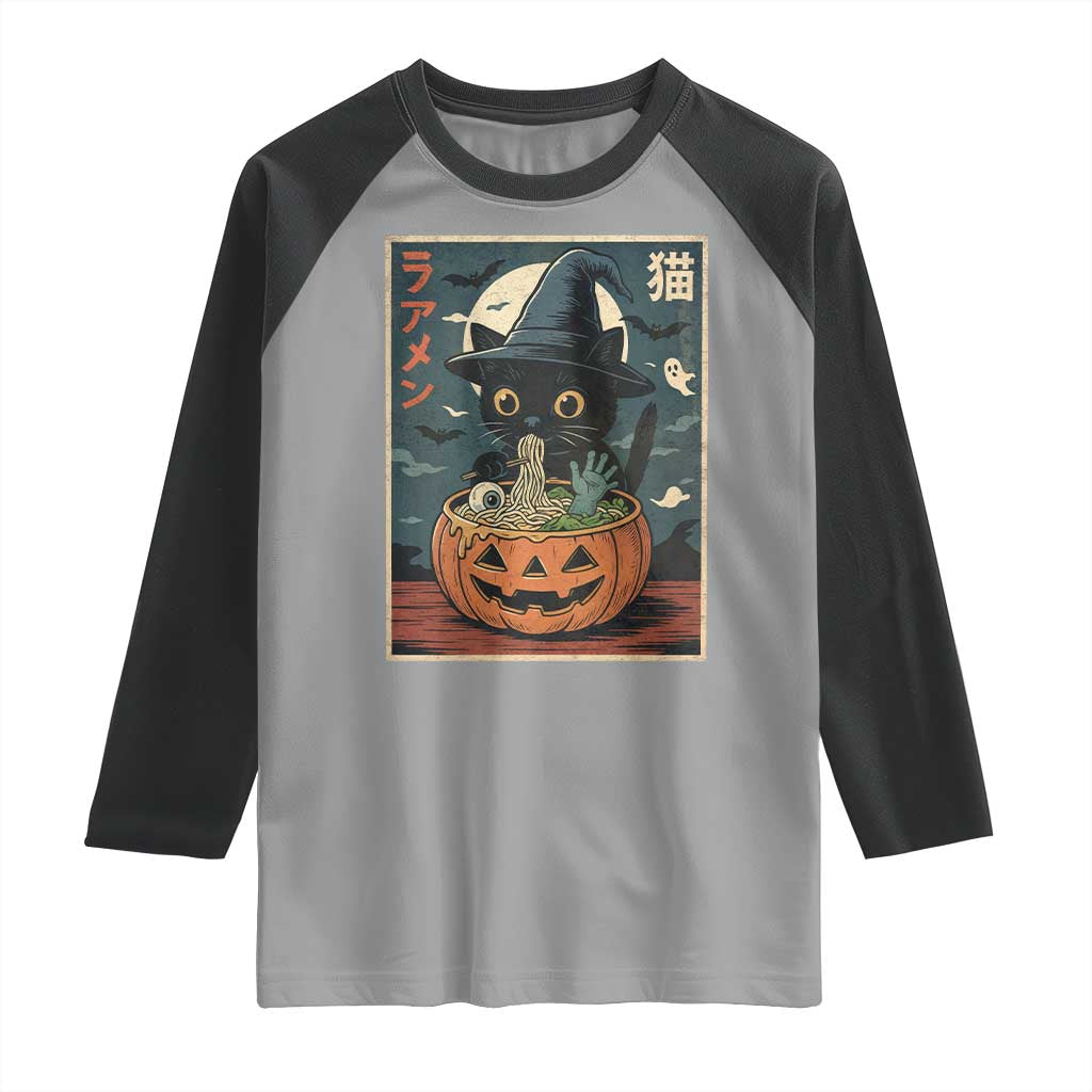 Funny Spooky Black Cat Eating Ramen Kawaii Japanese Halloween Raglan Shirt - Wonder Print Shop