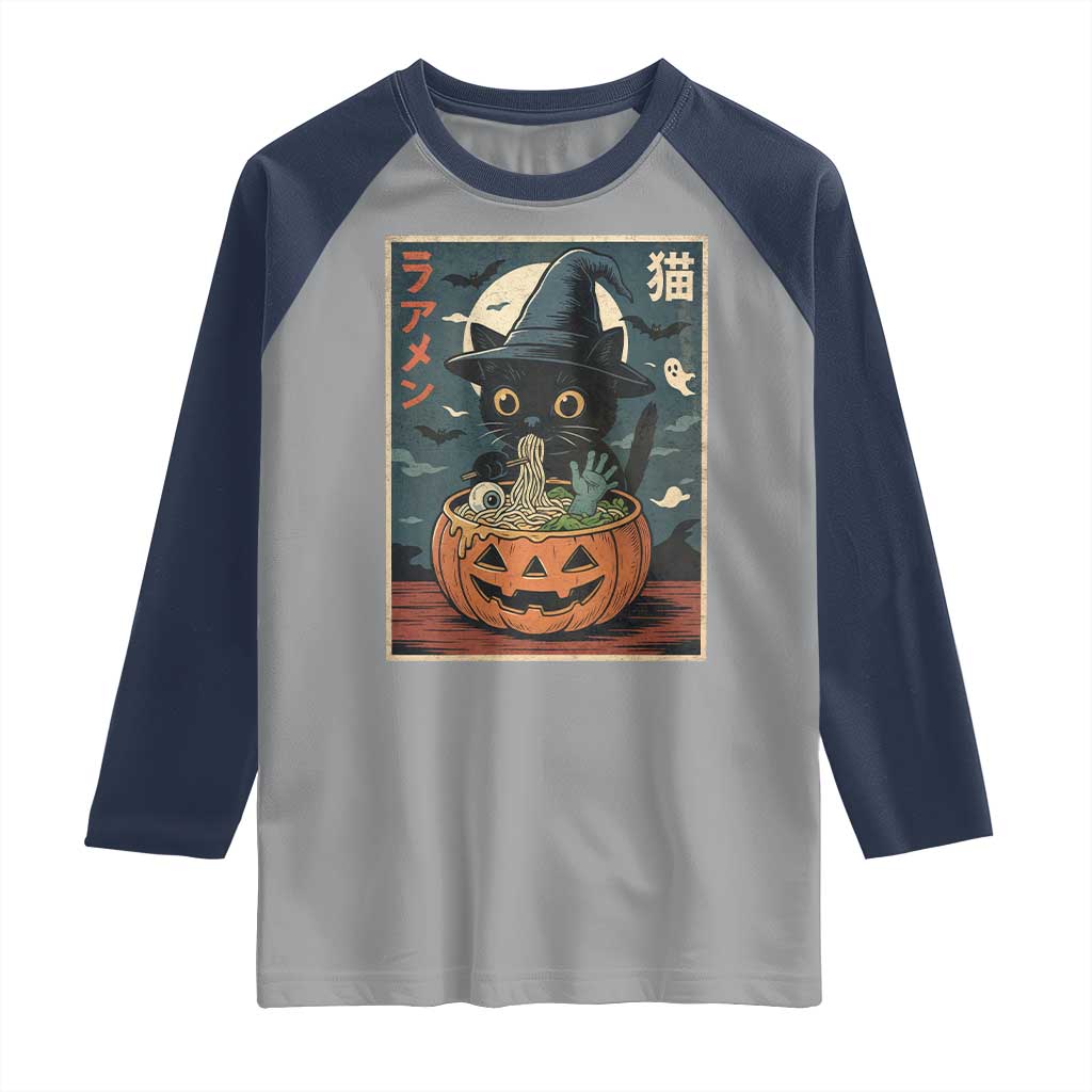 Funny Spooky Black Cat Eating Ramen Kawaii Japanese Halloween Raglan Shirt - Wonder Print Shop