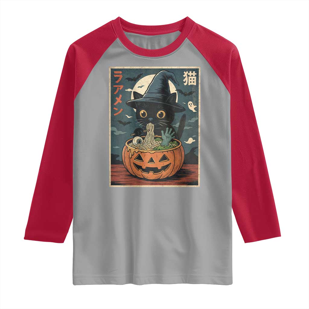 Funny Spooky Black Cat Eating Ramen Kawaii Japanese Halloween Raglan Shirt - Wonder Print Shop