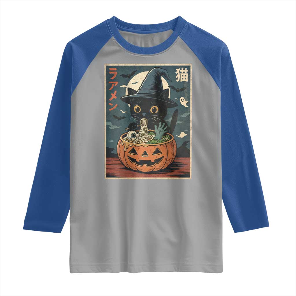 Funny Spooky Black Cat Eating Ramen Kawaii Japanese Halloween Raglan Shirt - Wonder Print Shop