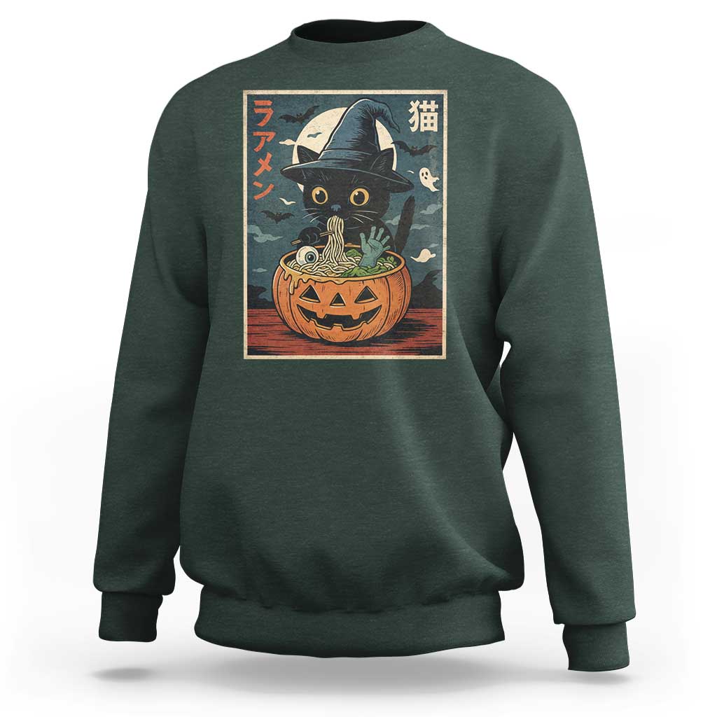 Funny Spooky Black Cat Eating Ramen Kawaii Japanese Halloween Sweatshirt - Wonder Print Shop