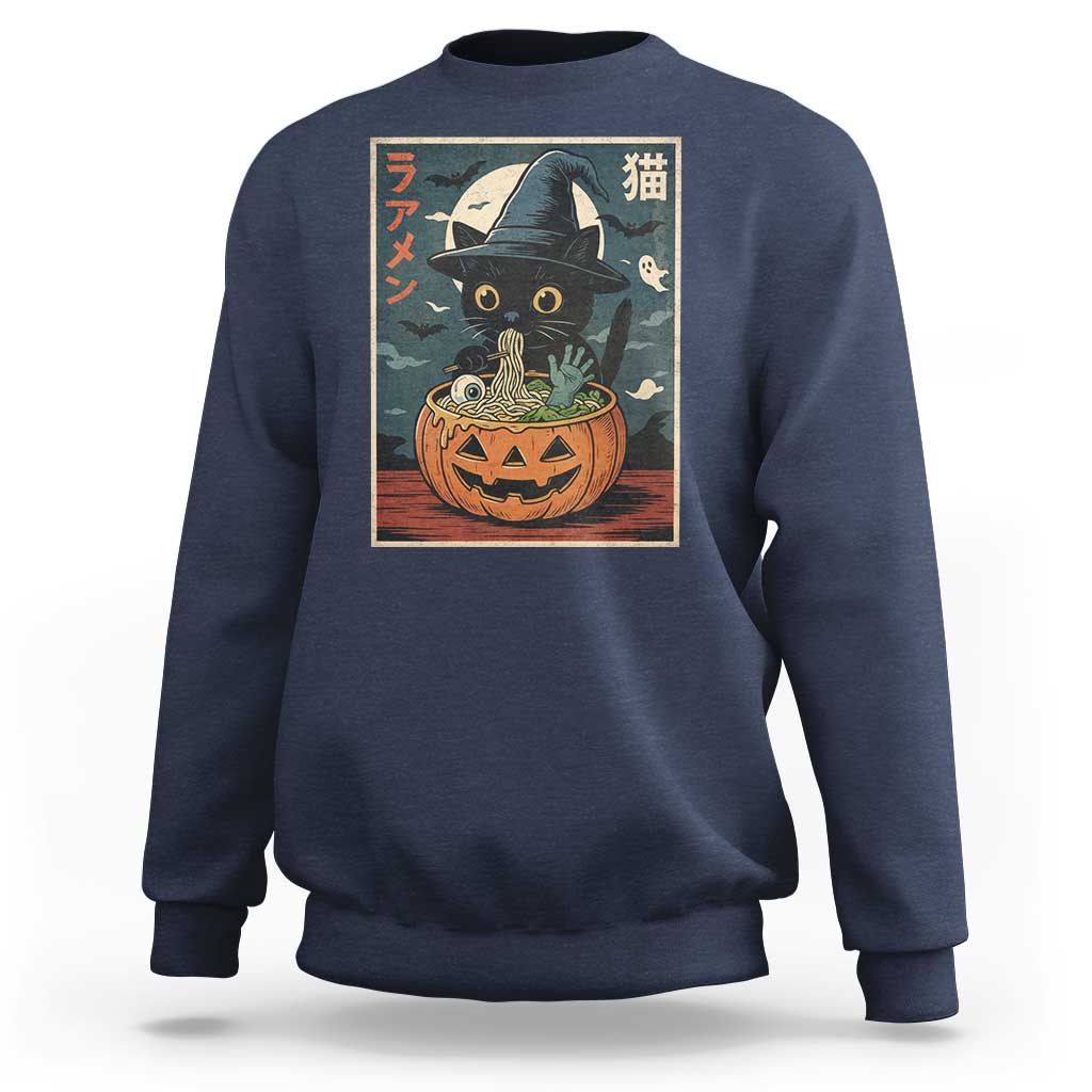 Funny Spooky Black Cat Eating Ramen Kawaii Japanese Halloween Sweatshirt - Wonder Print Shop