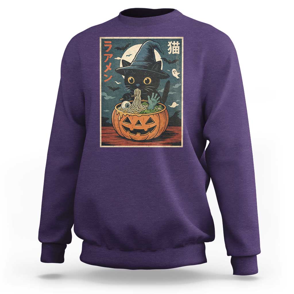 Funny Spooky Black Cat Eating Ramen Kawaii Japanese Halloween Sweatshirt - Wonder Print Shop