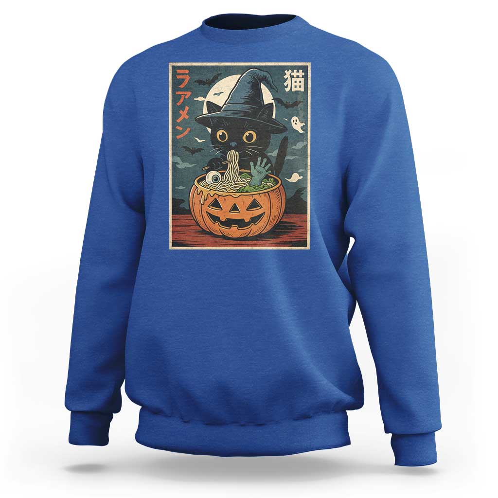 Funny Spooky Black Cat Eating Ramen Kawaii Japanese Halloween Sweatshirt - Wonder Print Shop