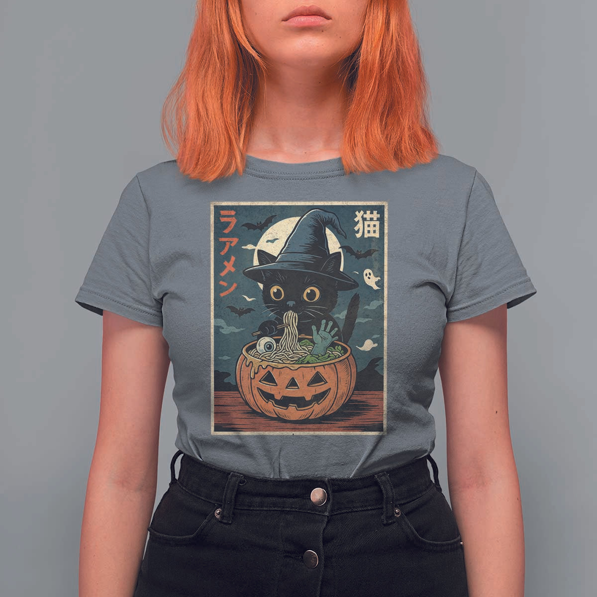 Funny Spooky Black Cat Eating Ramen Kawaii Japanese Halloween T Shirt For Women - Wonder Print Shop