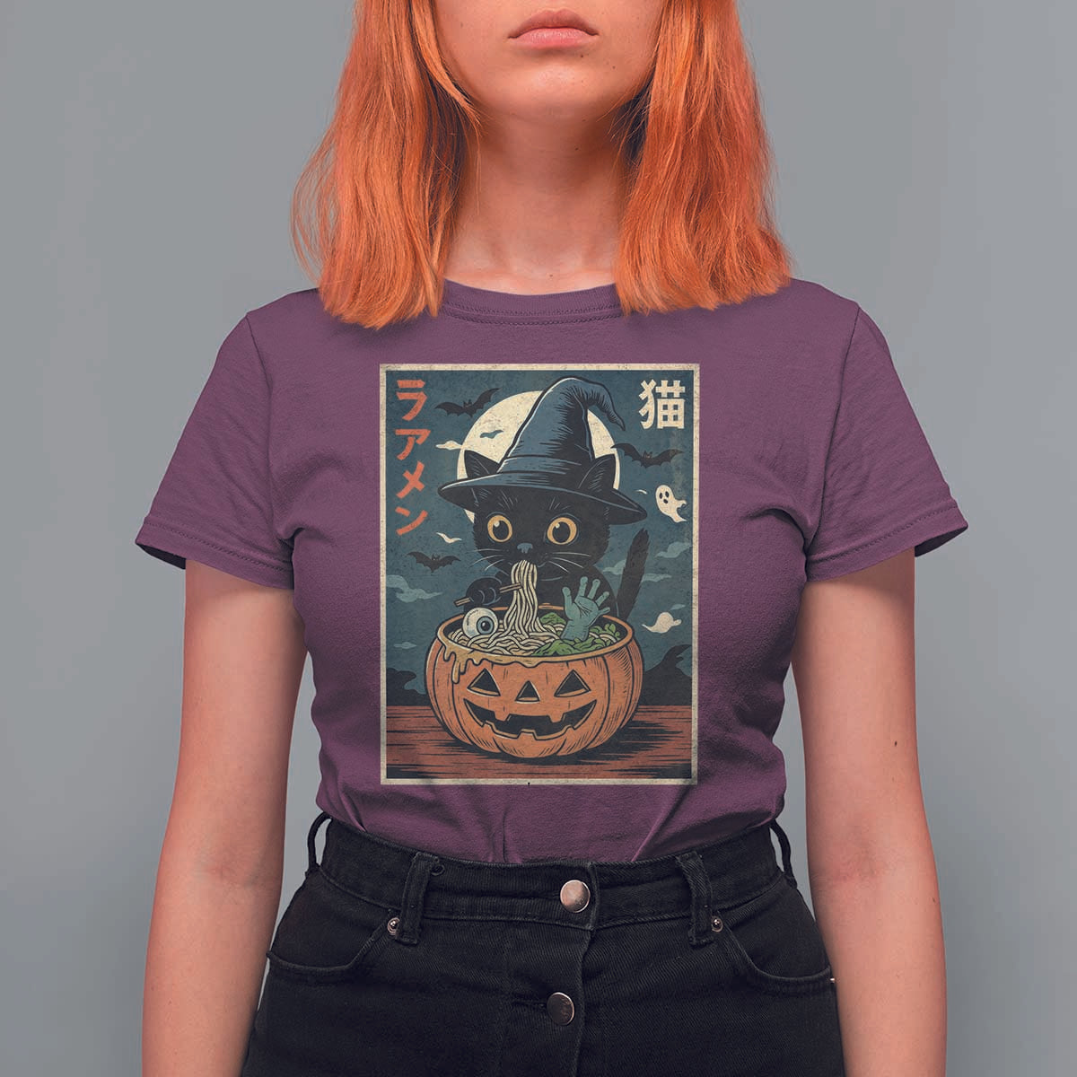 Funny Spooky Black Cat Eating Ramen Kawaii Japanese Halloween T Shirt For Women - Wonder Print Shop