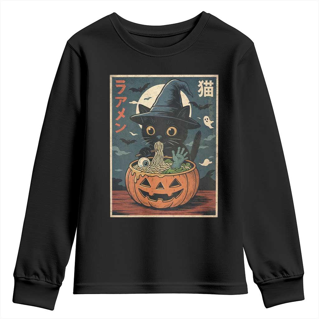 Funny Spooky Black Cat Eating Ramen Kawaii Japanese Halloween Youth Sweatshirt - Wonder Print Shop