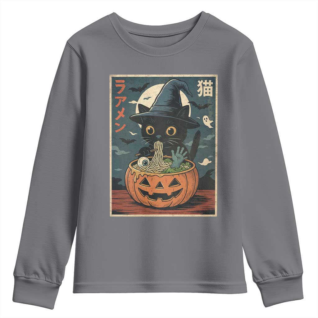 Funny Spooky Black Cat Eating Ramen Kawaii Japanese Halloween Youth Sweatshirt - Wonder Print Shop