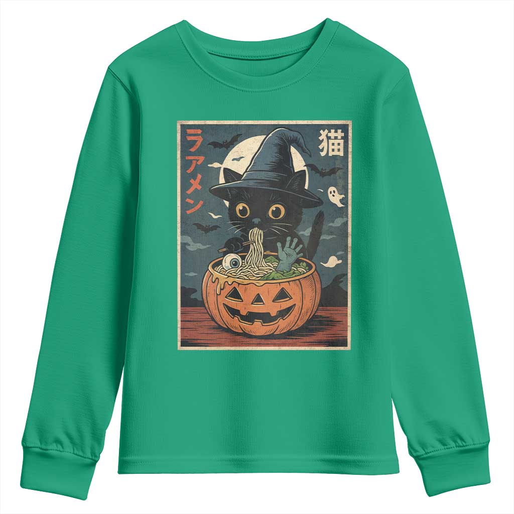 Funny Spooky Black Cat Eating Ramen Kawaii Japanese Halloween Youth Sweatshirt - Wonder Print Shop