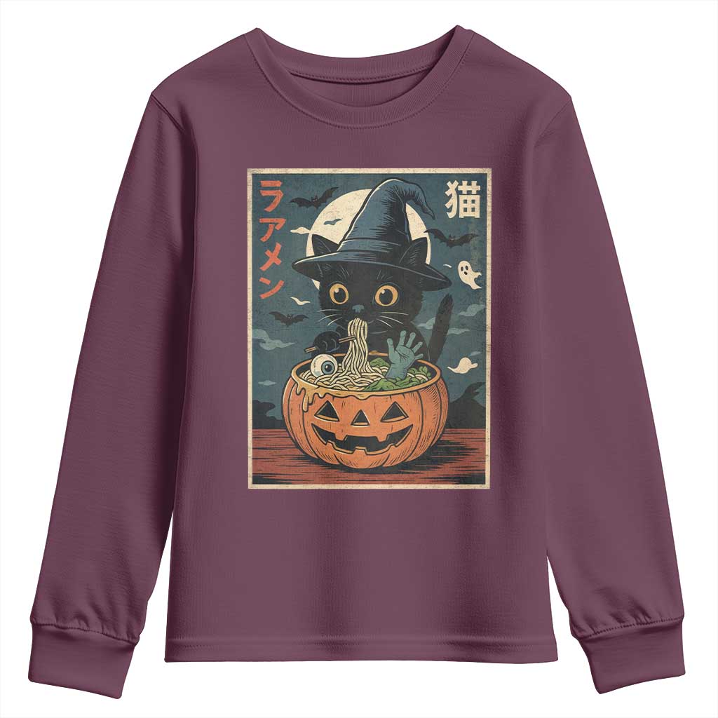 Funny Spooky Black Cat Eating Ramen Kawaii Japanese Halloween Youth Sweatshirt - Wonder Print Shop