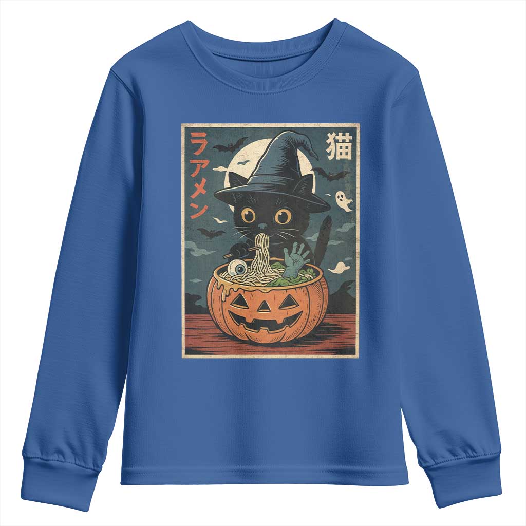 Funny Spooky Black Cat Eating Ramen Kawaii Japanese Halloween Youth Sweatshirt - Wonder Print Shop