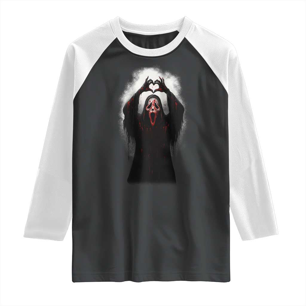 Funny Scary Face Ghost Hand Heart Sign Halloween Raglan Shirt - Wonder Print Shop