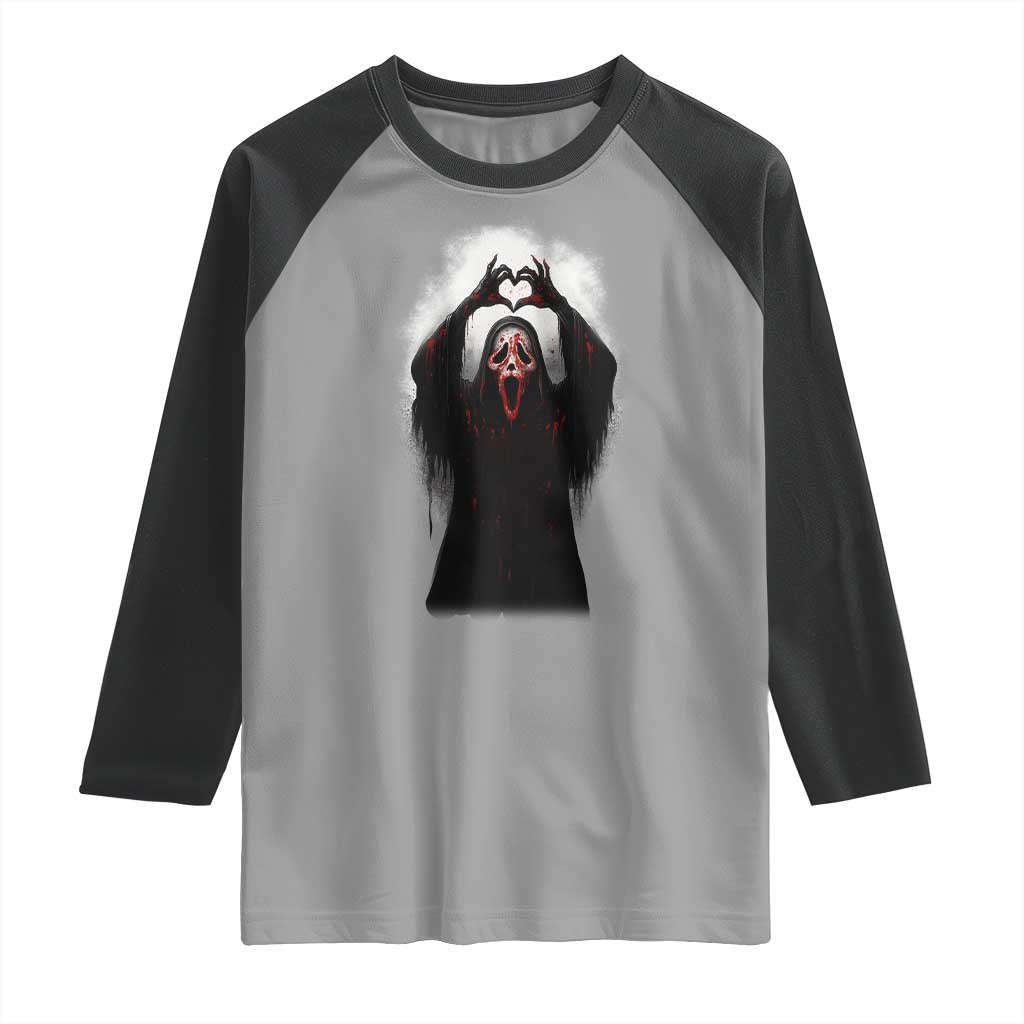 Funny Scary Face Ghost Hand Heart Sign Halloween Raglan Shirt - Wonder Print Shop