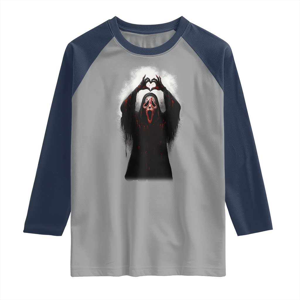 Funny Scary Face Ghost Hand Heart Sign Halloween Raglan Shirt - Wonder Print Shop
