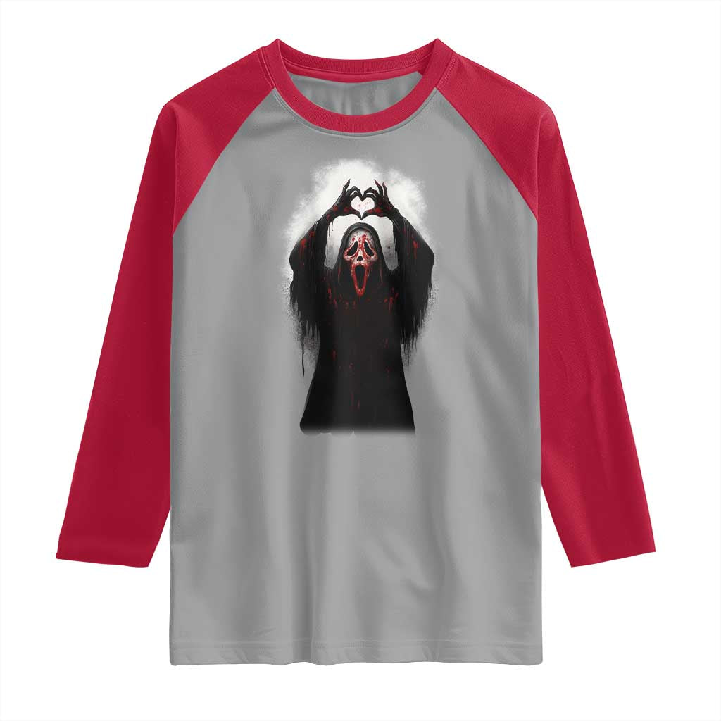 Funny Scary Face Ghost Hand Heart Sign Halloween Raglan Shirt - Wonder Print Shop
