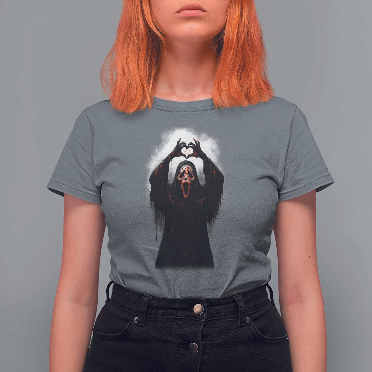 Funny Scary Face Ghost Hand Heart Sign Halloween T Shirt For Women - Wonder Print Shop