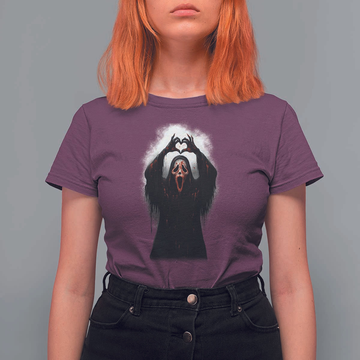 Funny Scary Face Ghost Hand Heart Sign Halloween T Shirt For Women - Wonder Print Shop