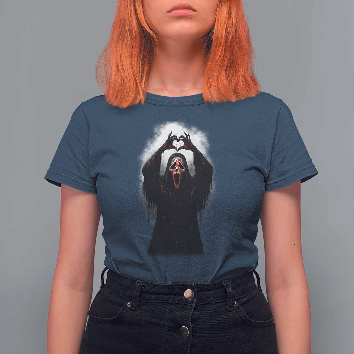 Funny Scary Face Ghost Hand Heart Sign Halloween T Shirt For Women - Wonder Print Shop
