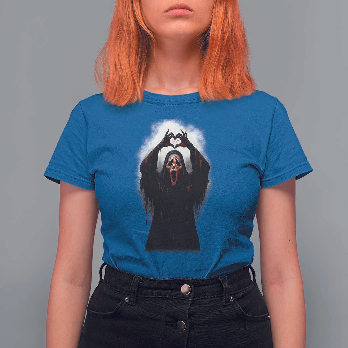 Funny Scary Face Ghost Hand Heart Sign Halloween T Shirt For Women - Wonder Print Shop