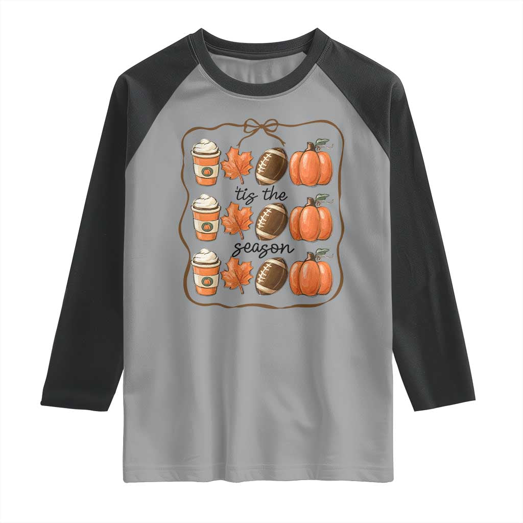 Tis The Season Fall Thanksgiving Raglan Shirt American Football Pumpkin - Wonder Print Shop