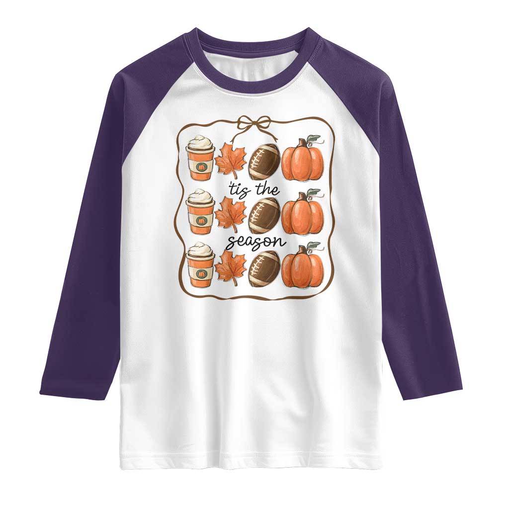Tis The Season Fall Thanksgiving Raglan Shirt American Football Pumpkin - Wonder Print Shop