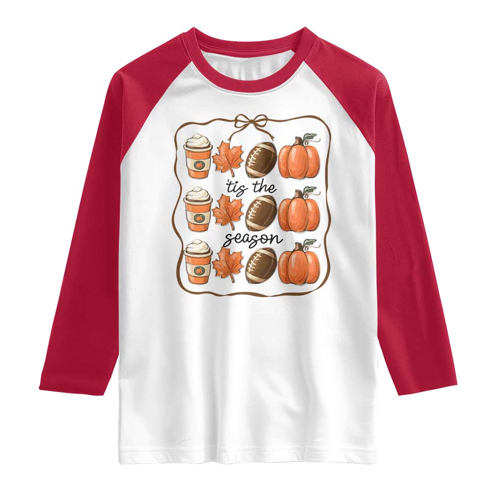 Tis The Season Fall Thanksgiving Raglan Shirt American Football Pumpkin - Wonder Print Shop