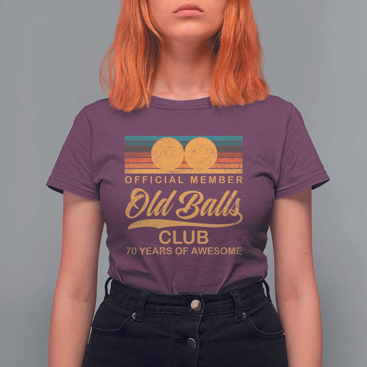 Funny 70th Birthday T Shirt For Women Official Member Of The Old Ball Clubs Retro Sunset - Wonder Print Shop