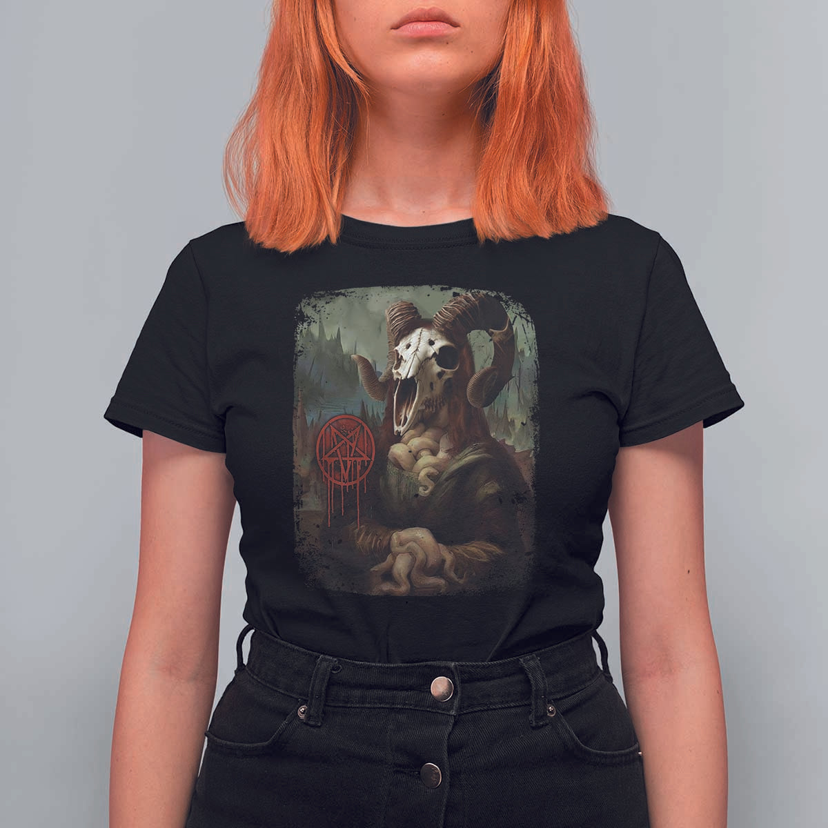 Halloween T Shirt For Women Creepy Mona Lisa Satan Pentagram Leonardo da Vinci - Wonder Print Shop