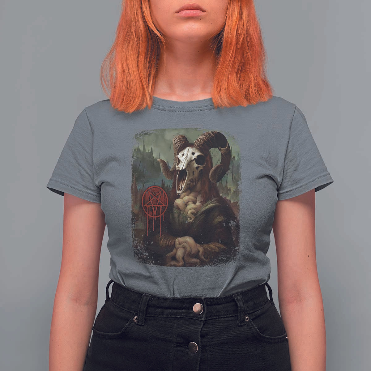 Halloween T Shirt For Women Creepy Mona Lisa Satan Pentagram Leonardo da Vinci - Wonder Print Shop