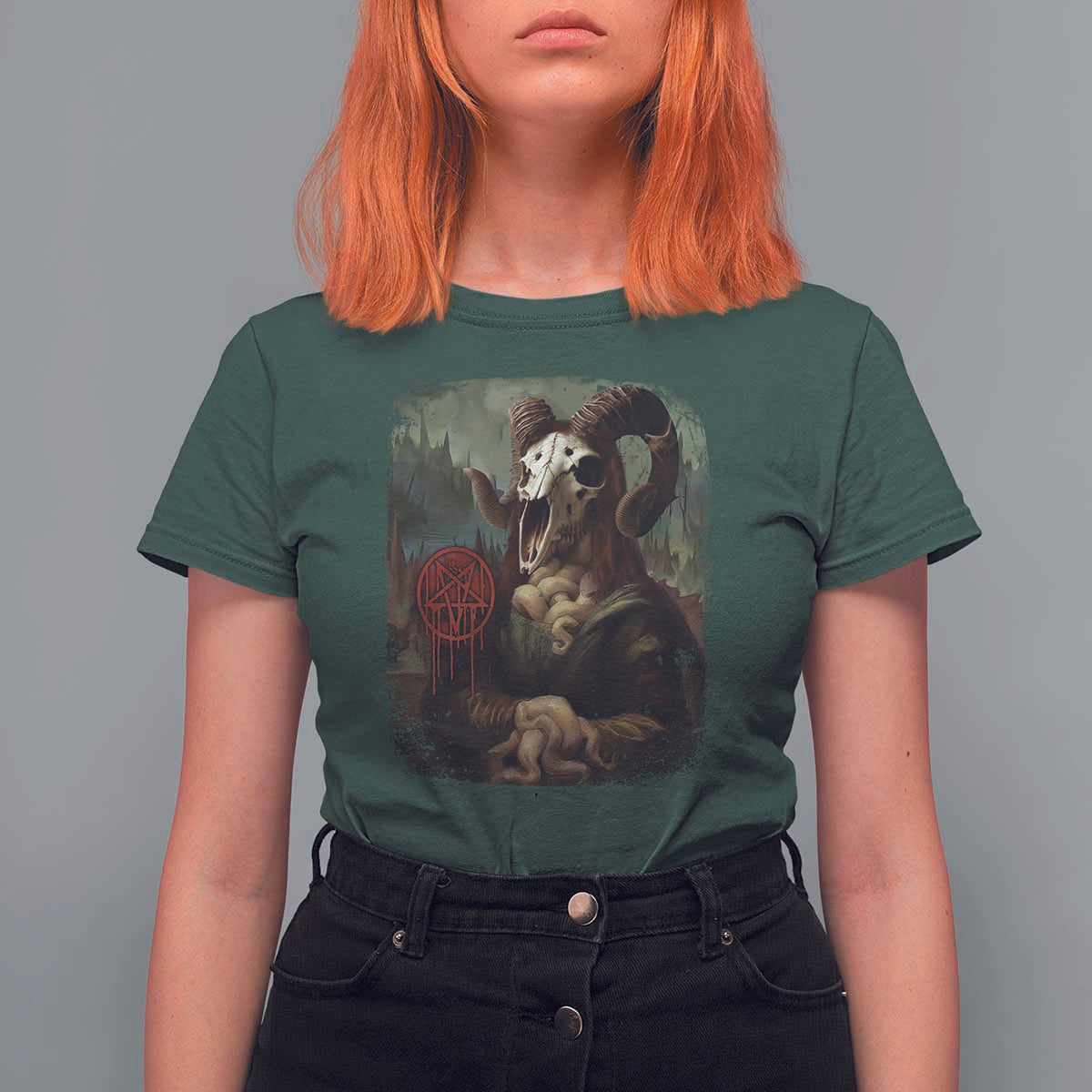 Halloween T Shirt For Women Creepy Mona Lisa Satan Pentagram Leonardo da Vinci - Wonder Print Shop