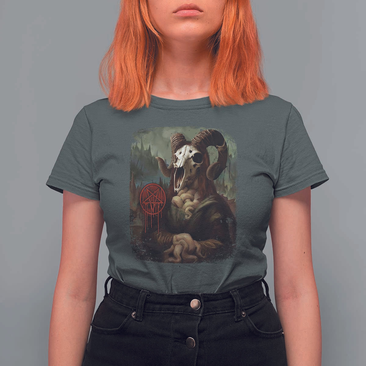 Halloween T Shirt For Women Creepy Mona Lisa Satan Pentagram Leonardo da Vinci - Wonder Print Shop