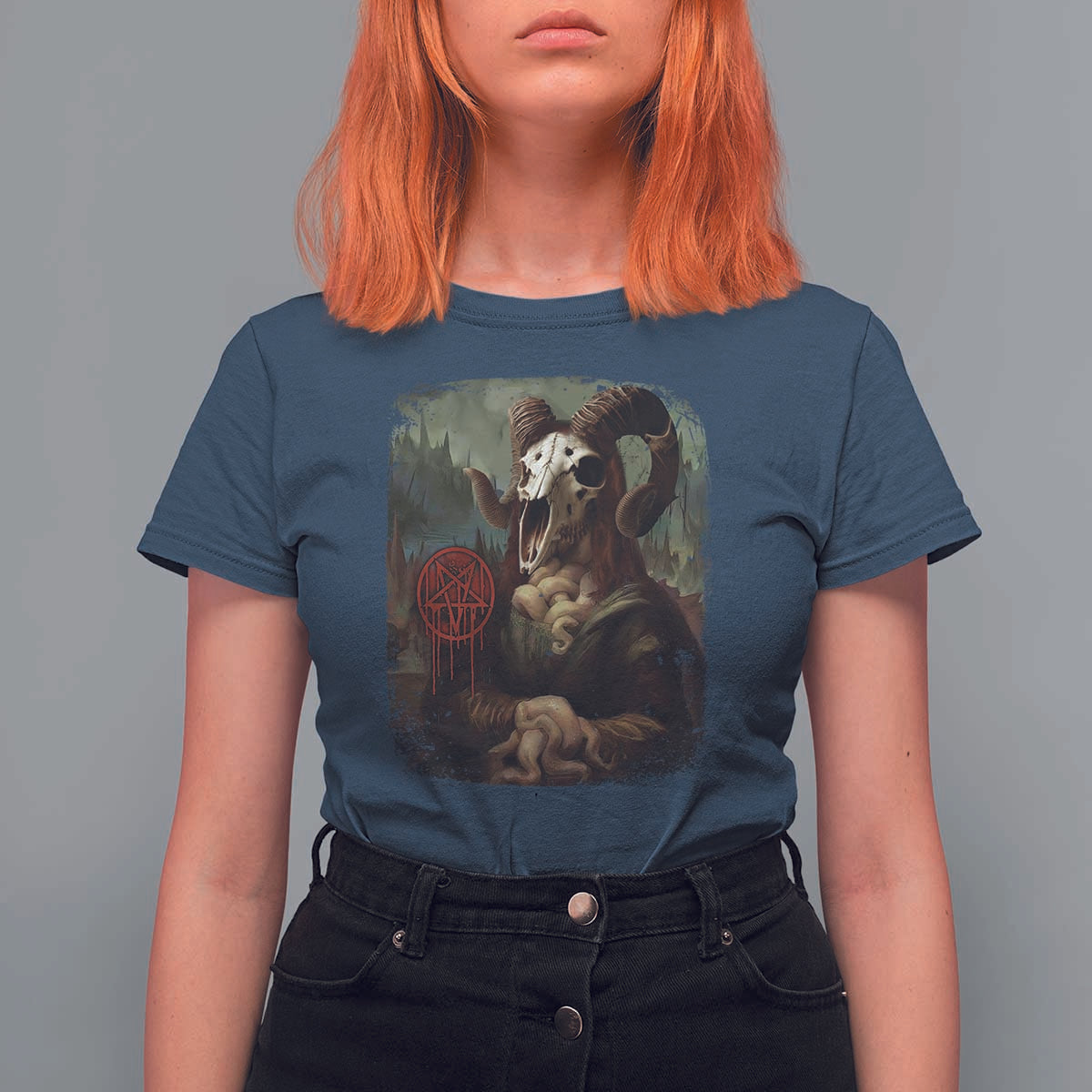Halloween T Shirt For Women Creepy Mona Lisa Satan Pentagram Leonardo da Vinci - Wonder Print Shop