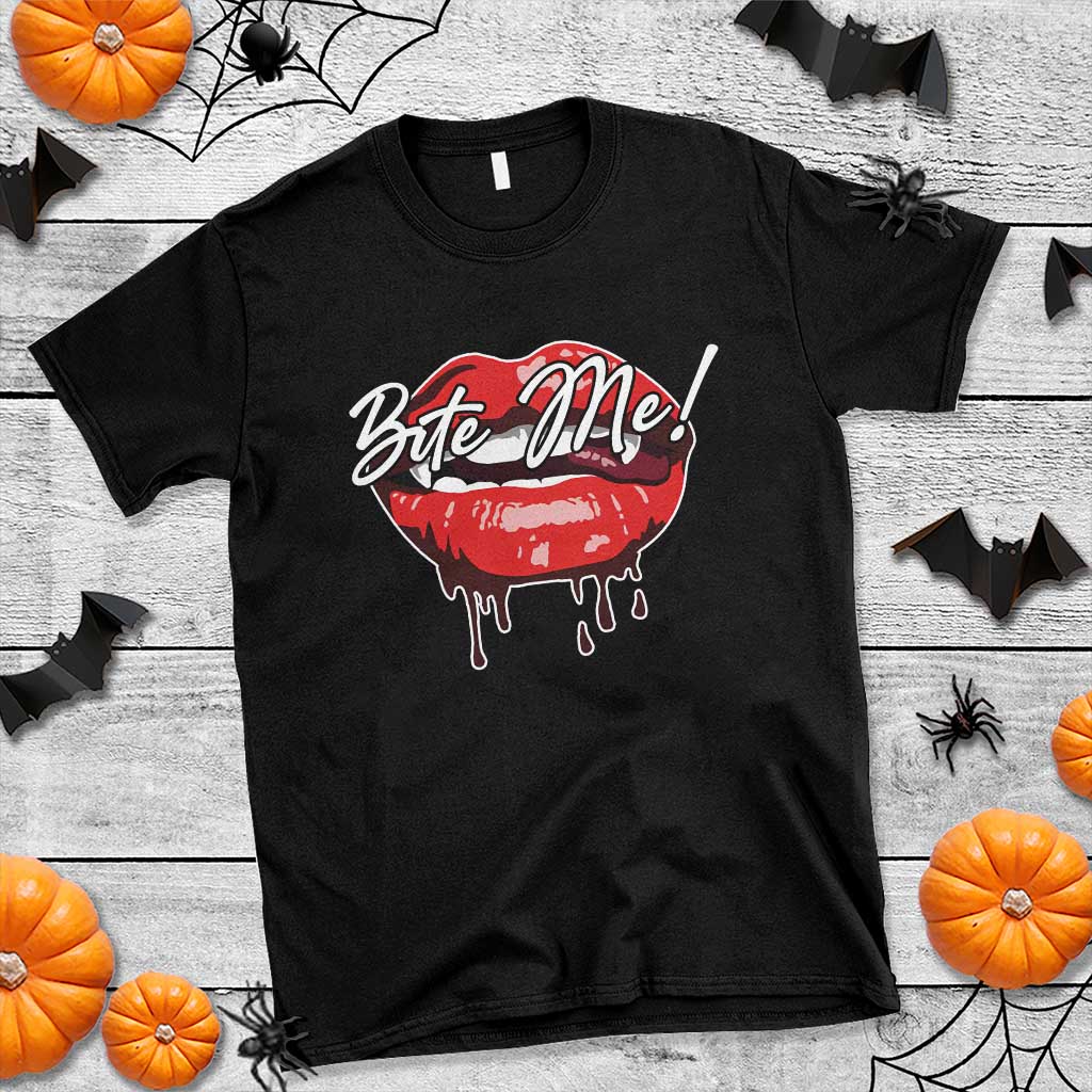 Halloween T Shirt Bite Me Vampire Red Lips Teeth Bloody - Wonder Print Shop