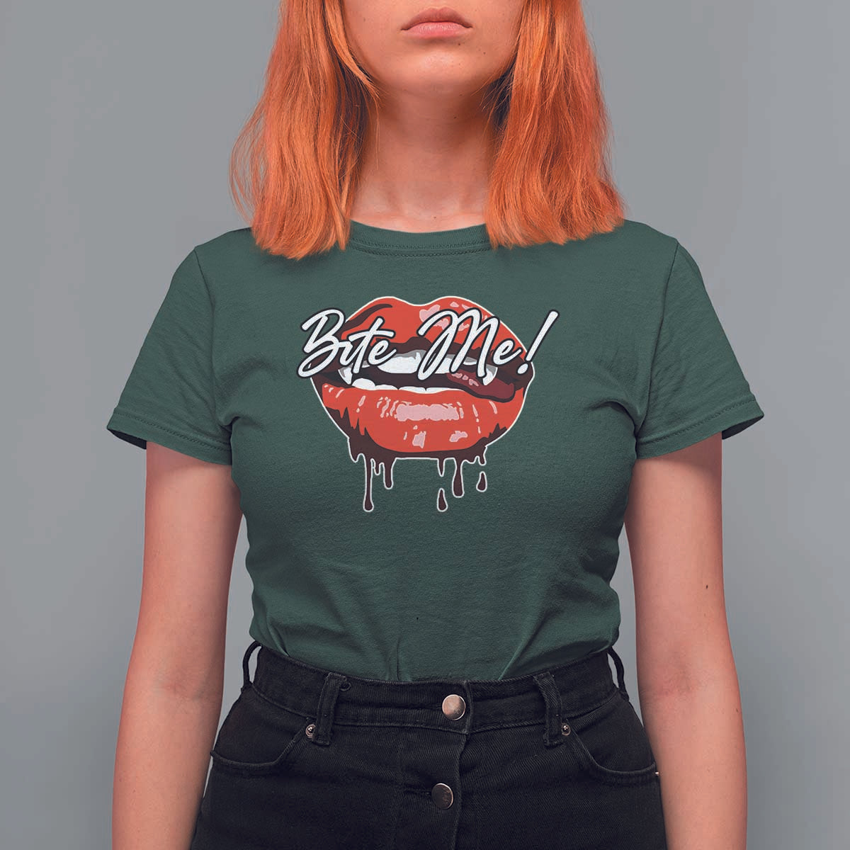 Halloween T Shirt For Women Bite Me Vampire Red Lips Teeth Bloody - Wonder Print Shop