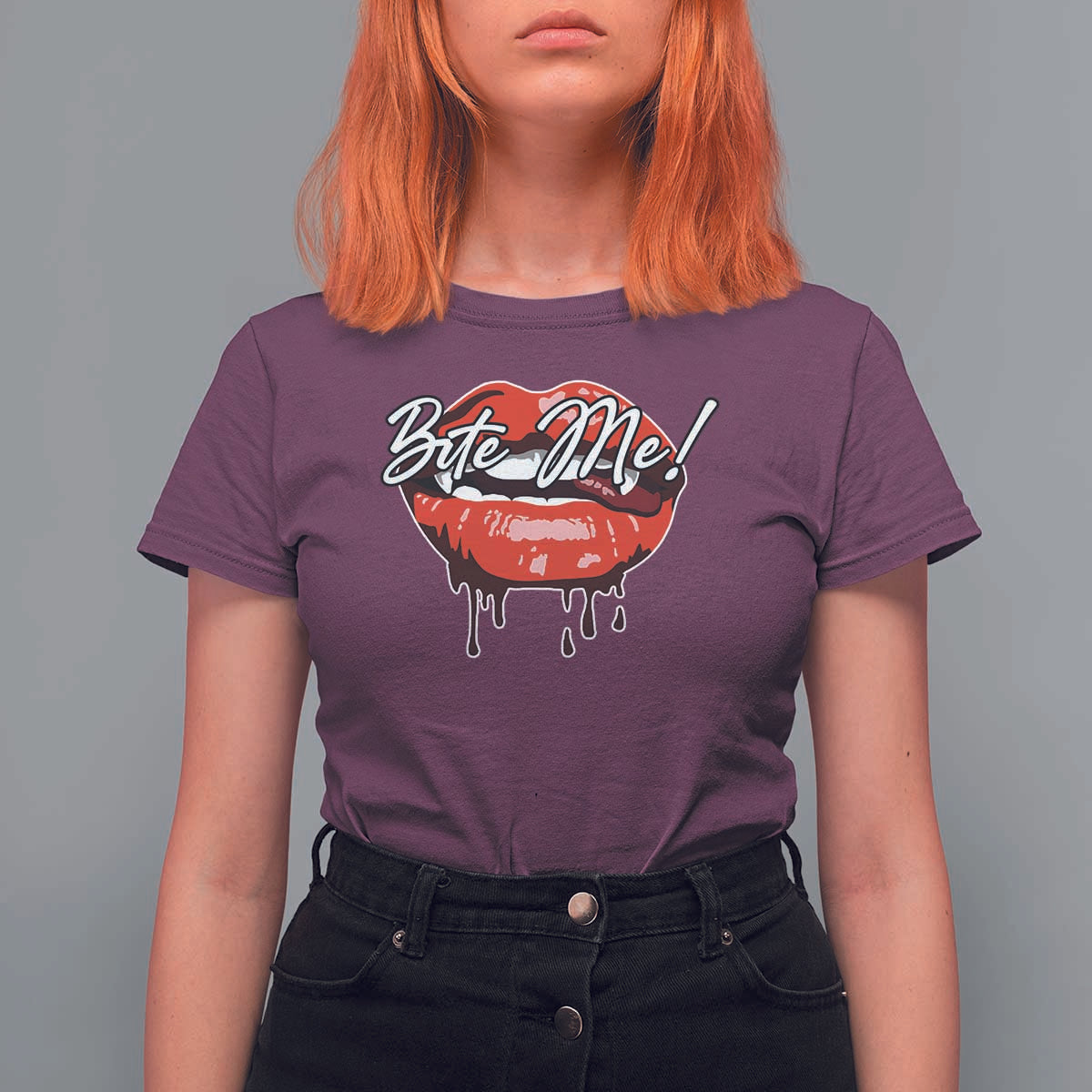 Halloween T Shirt For Women Bite Me Vampire Red Lips Teeth Bloody - Wonder Print Shop