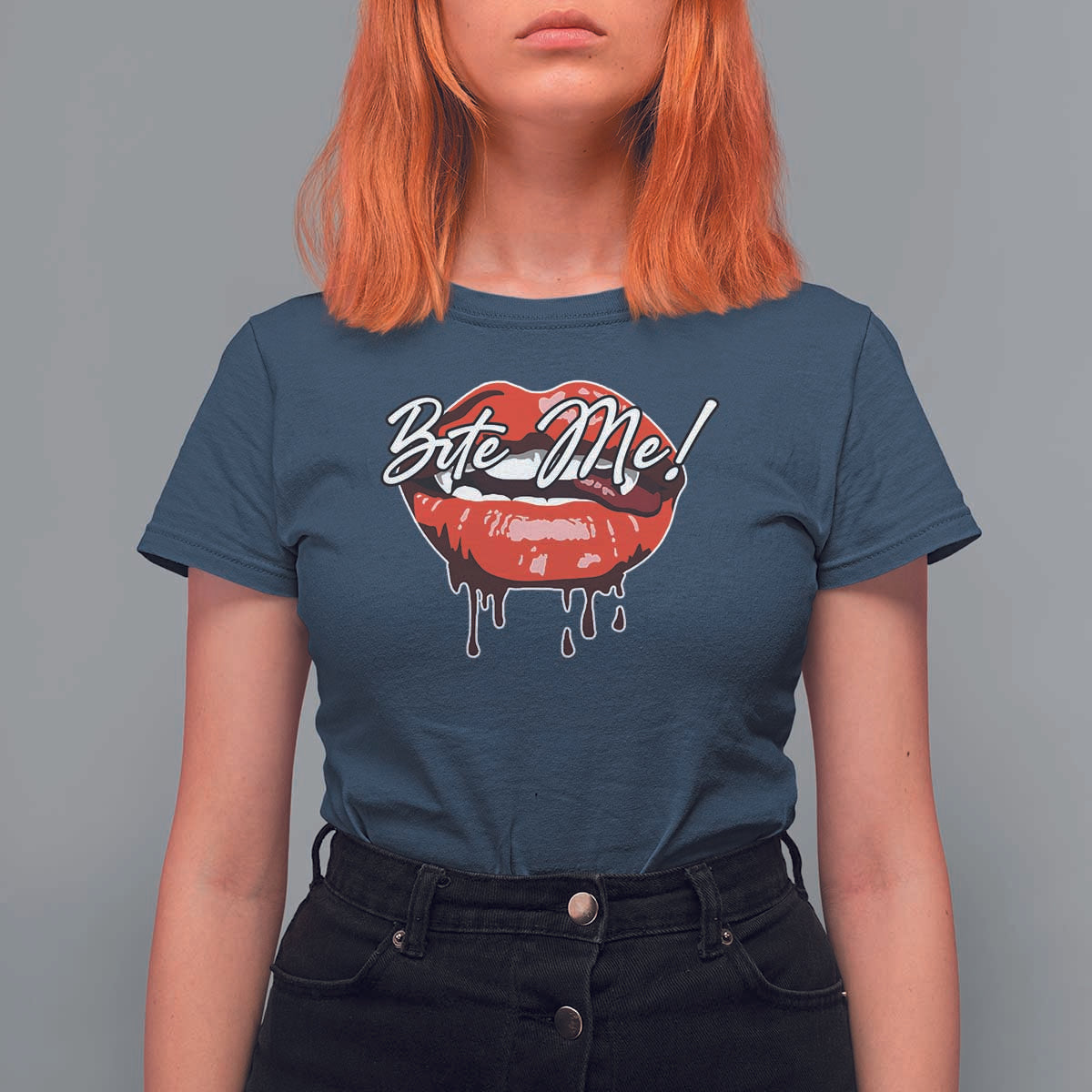 Halloween T Shirt For Women Bite Me Vampire Red Lips Teeth Bloody - Wonder Print Shop