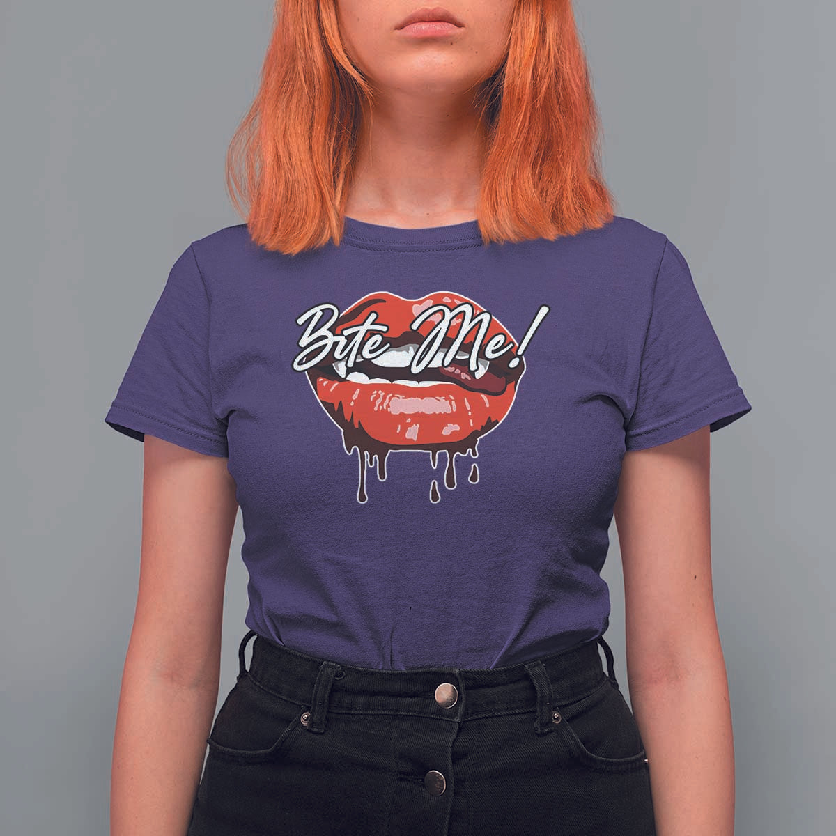 Halloween T Shirt For Women Bite Me Vampire Red Lips Teeth Bloody - Wonder Print Shop