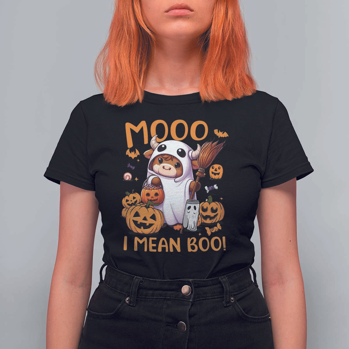 Spooky Cow Halloween T Shirt For Women Moo I Mean Boo Funny Ghost Heifer - Wonder Print Shop