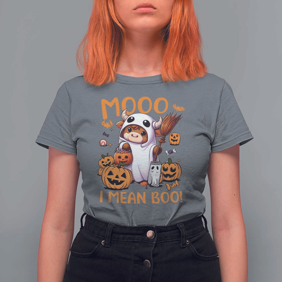 Spooky Cow Halloween T Shirt For Women Moo I Mean Boo Funny Ghost Heifer - Wonder Print Shop